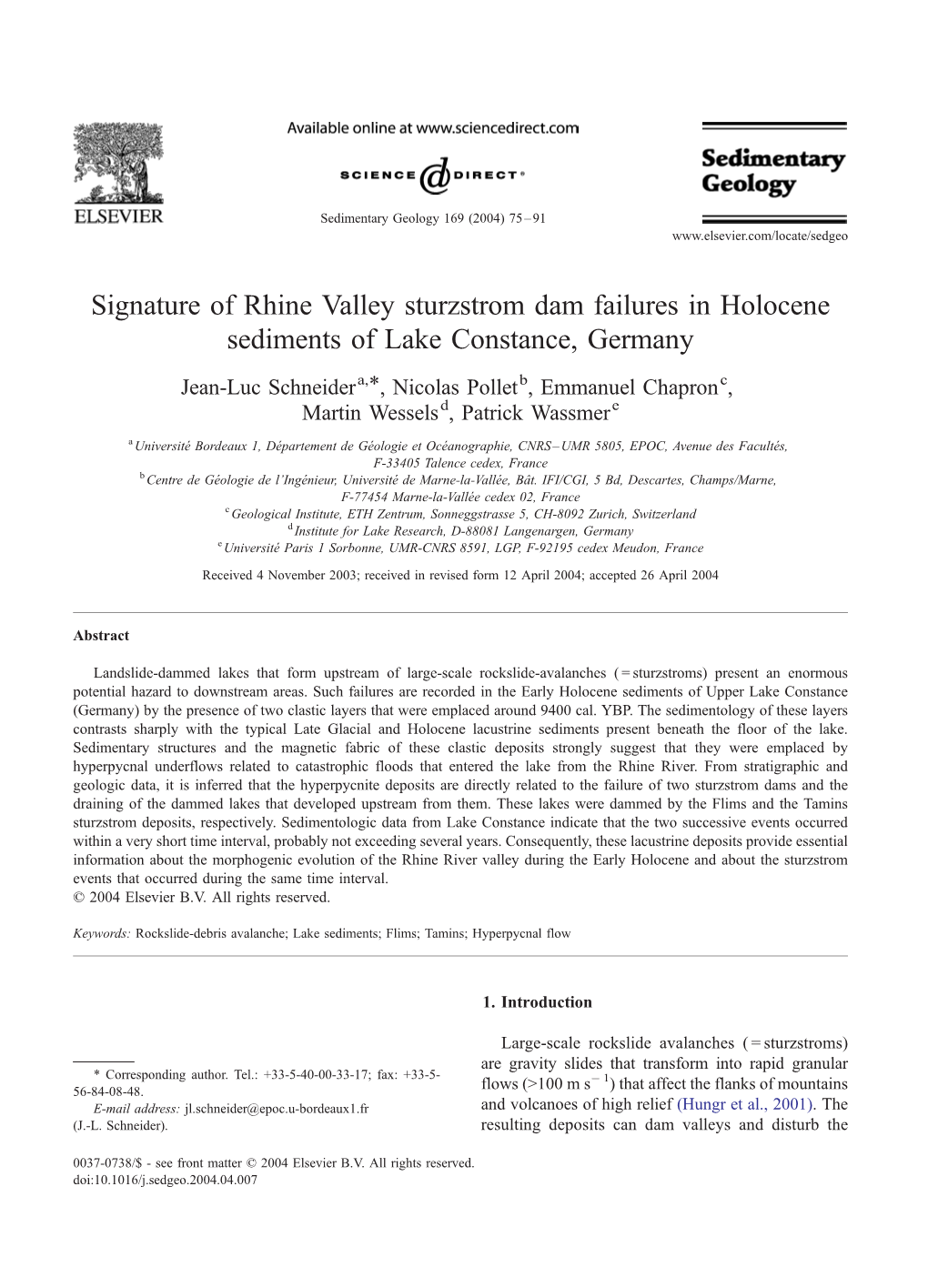 Signature of Rhine Valley Sturzstrom Dam Failures in Holocene Sediments of Lake Constance, Germany