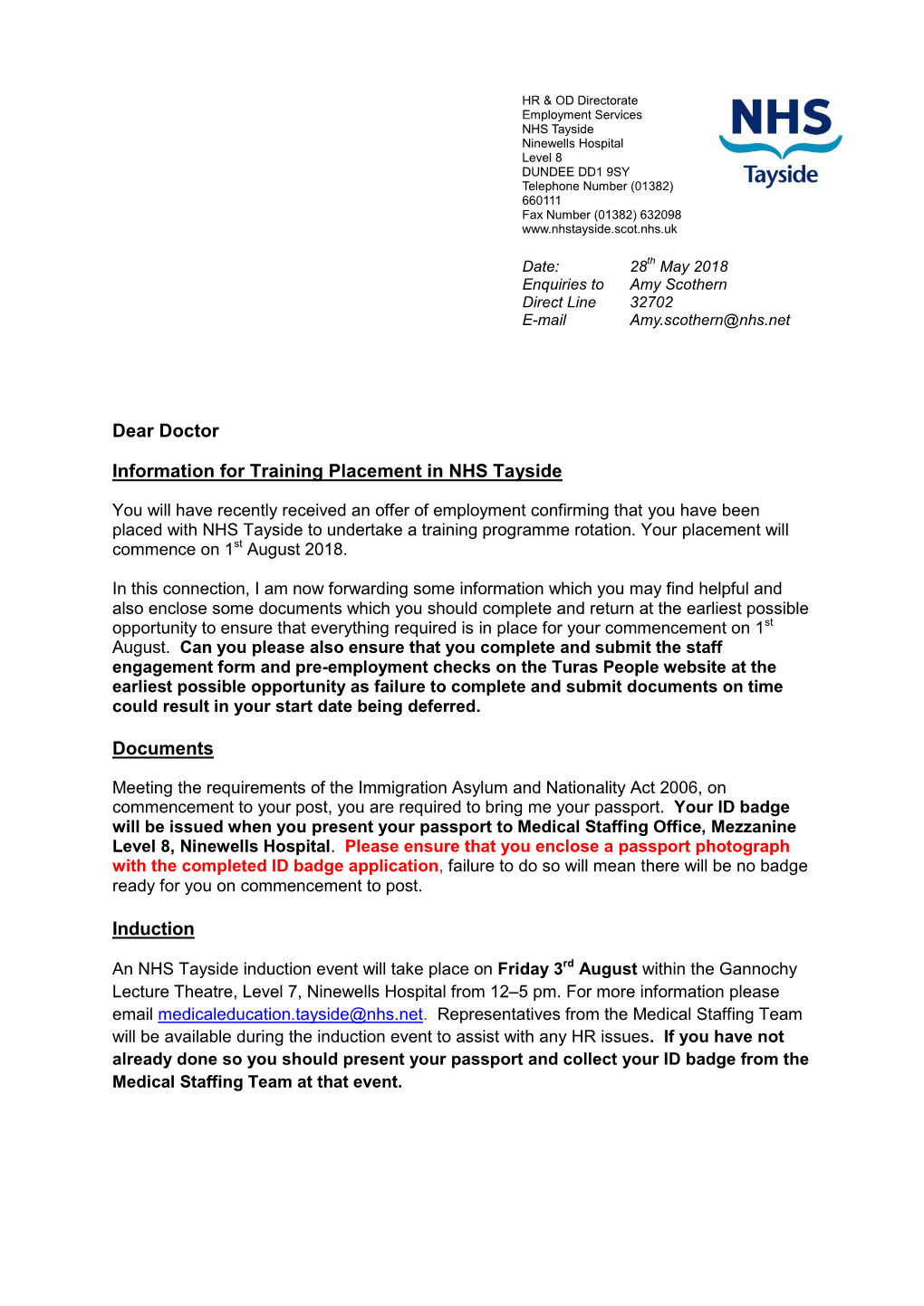 Dear Doctor Information for Training Placement in NHS Tayside