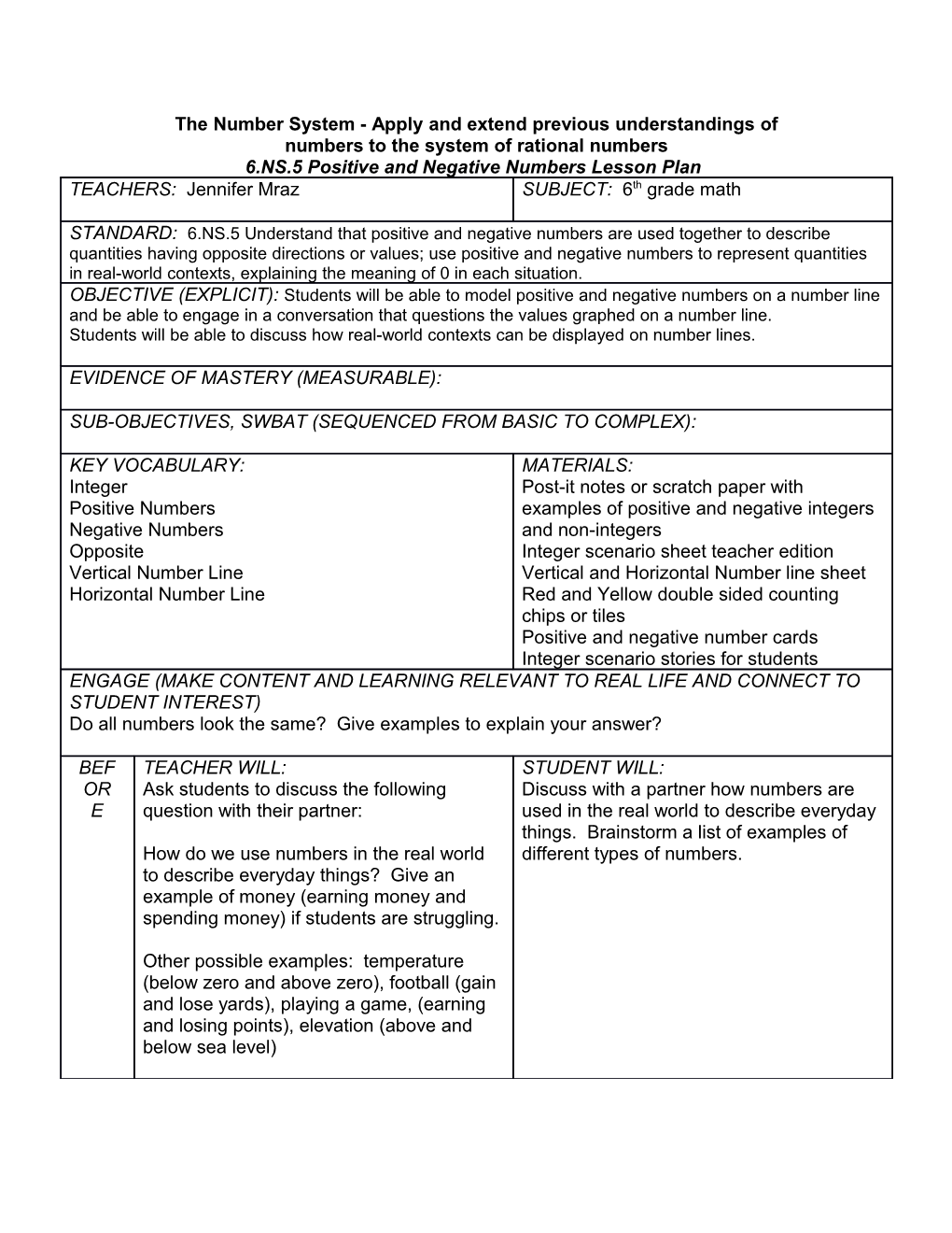 6.NS.5 Positive and Negative Numbers Lesson Plan