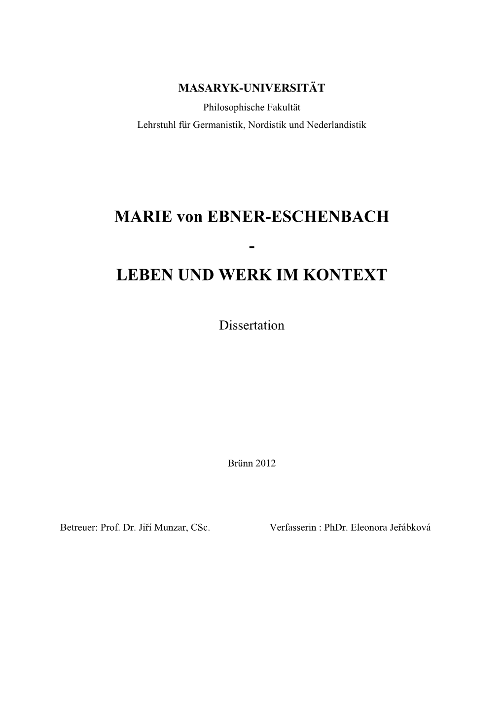 MARIE Von EBNER-ESCHENBACH - LEBEN UND WERK IM KONTEXT