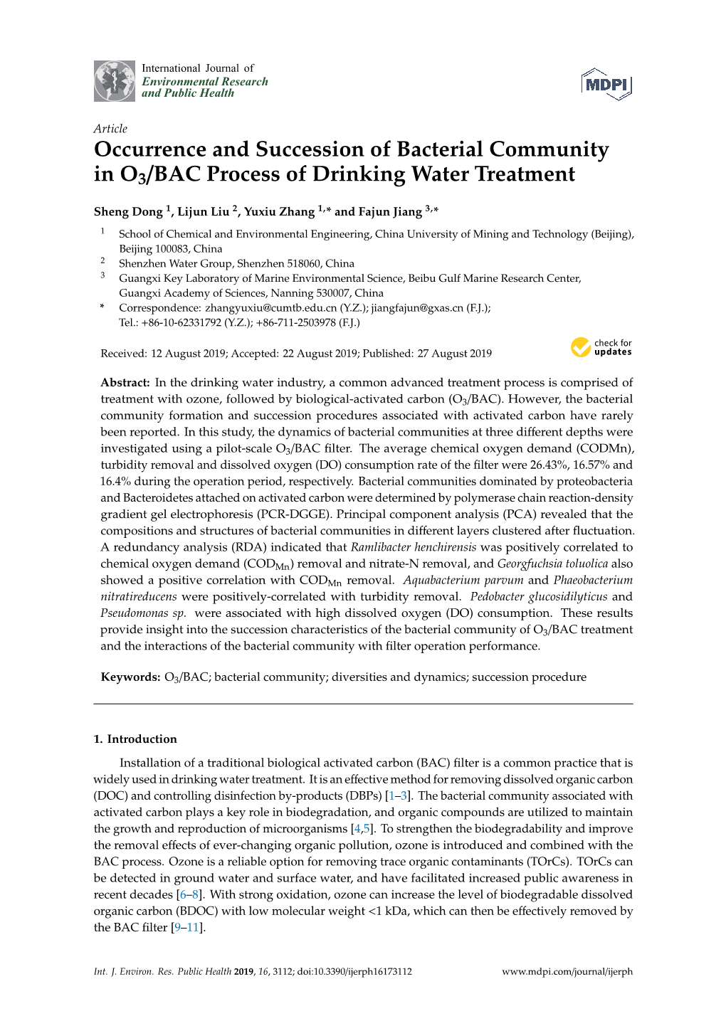 Occurrence and Succession of Bacterial Community in O3/BAC Process of Drinking Water Treatment