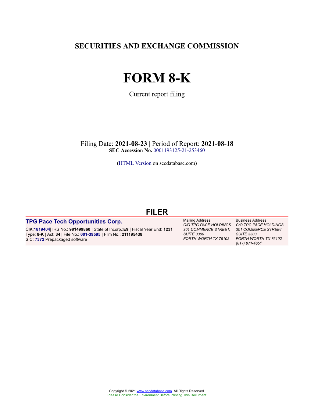 TPG Pace Tech Opportunities Corp. Form 8-K Current Event Report