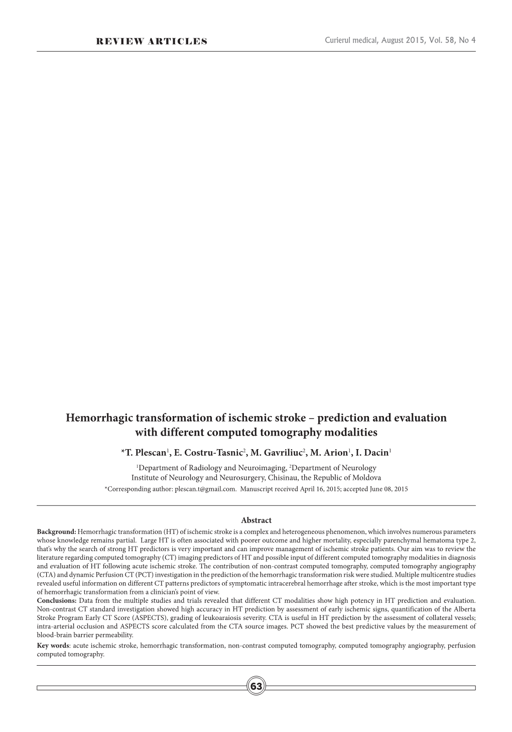 Hemorrhagic Transformation of Ischemic Stroke – Prediction and Evaluation with Different Computed Tomography Modalities *T