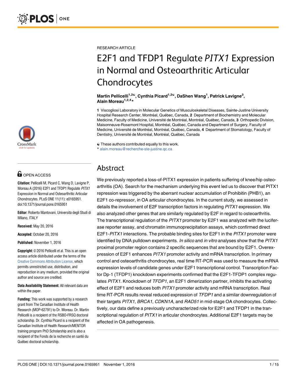 E2F1 and TFDP1 Regulate PITX1 Expression in Normal and Osteoarthritic Articular Chondrocytes