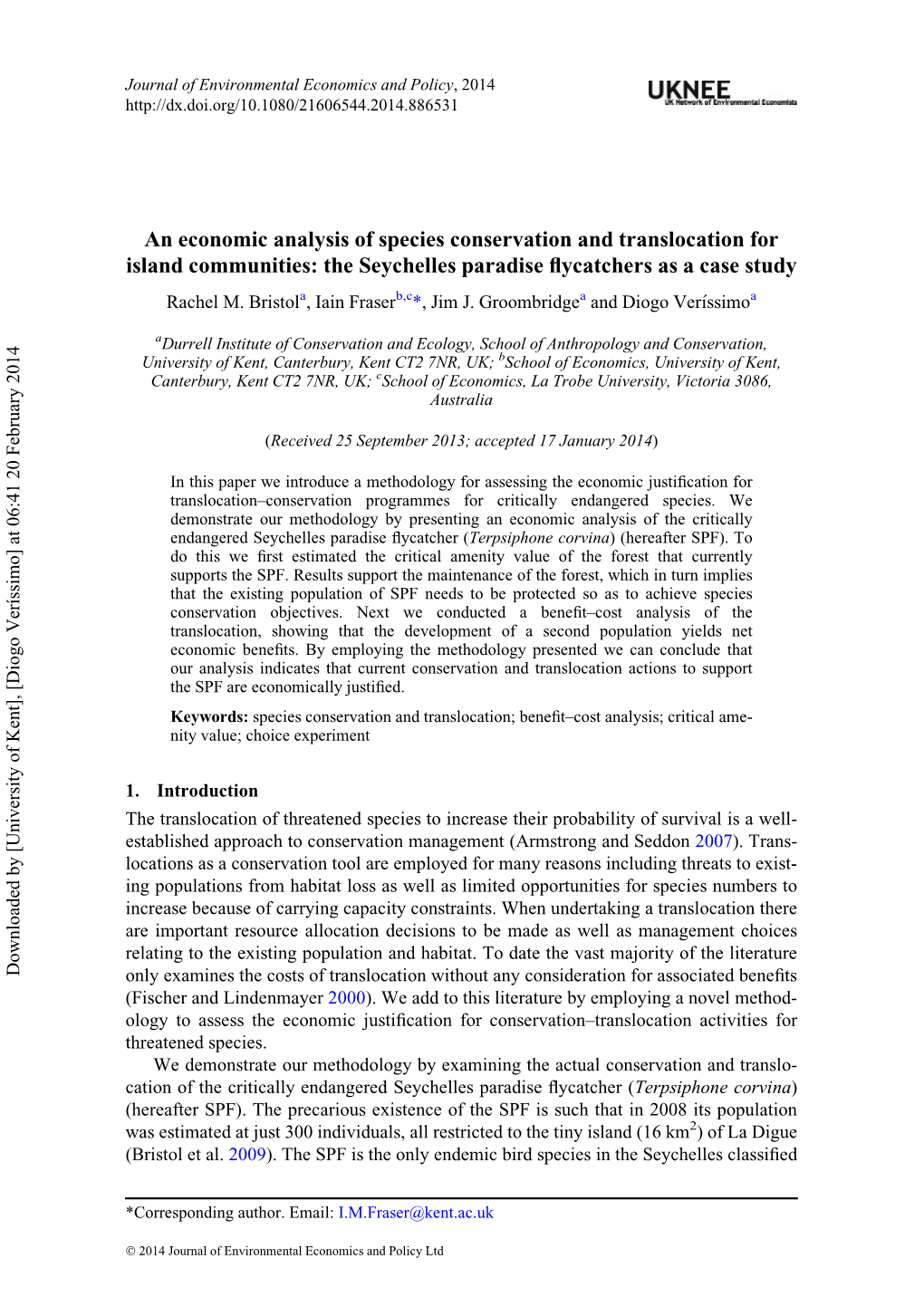 An Economic Analysis of Species Conservation and Translocation for Island Communities: the Seychelles Paradise ﬂycatchers As a Case Study Rachel M