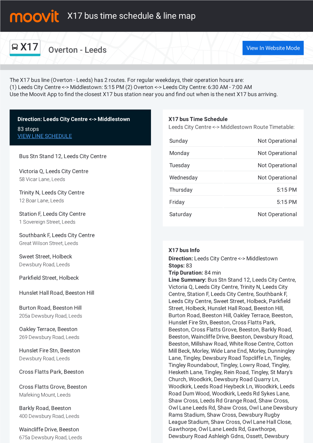 X17 Bus Time Schedule & Line Route