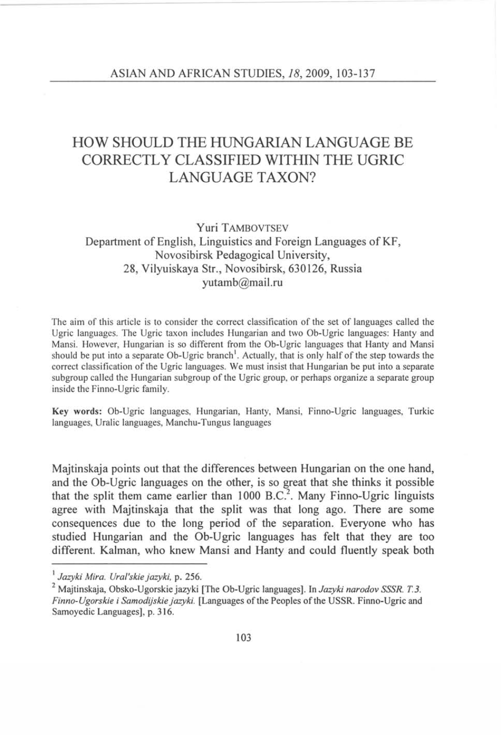 How Should the Hungarian Language Be Correctly Classified Within the Ugric Language Taxon?