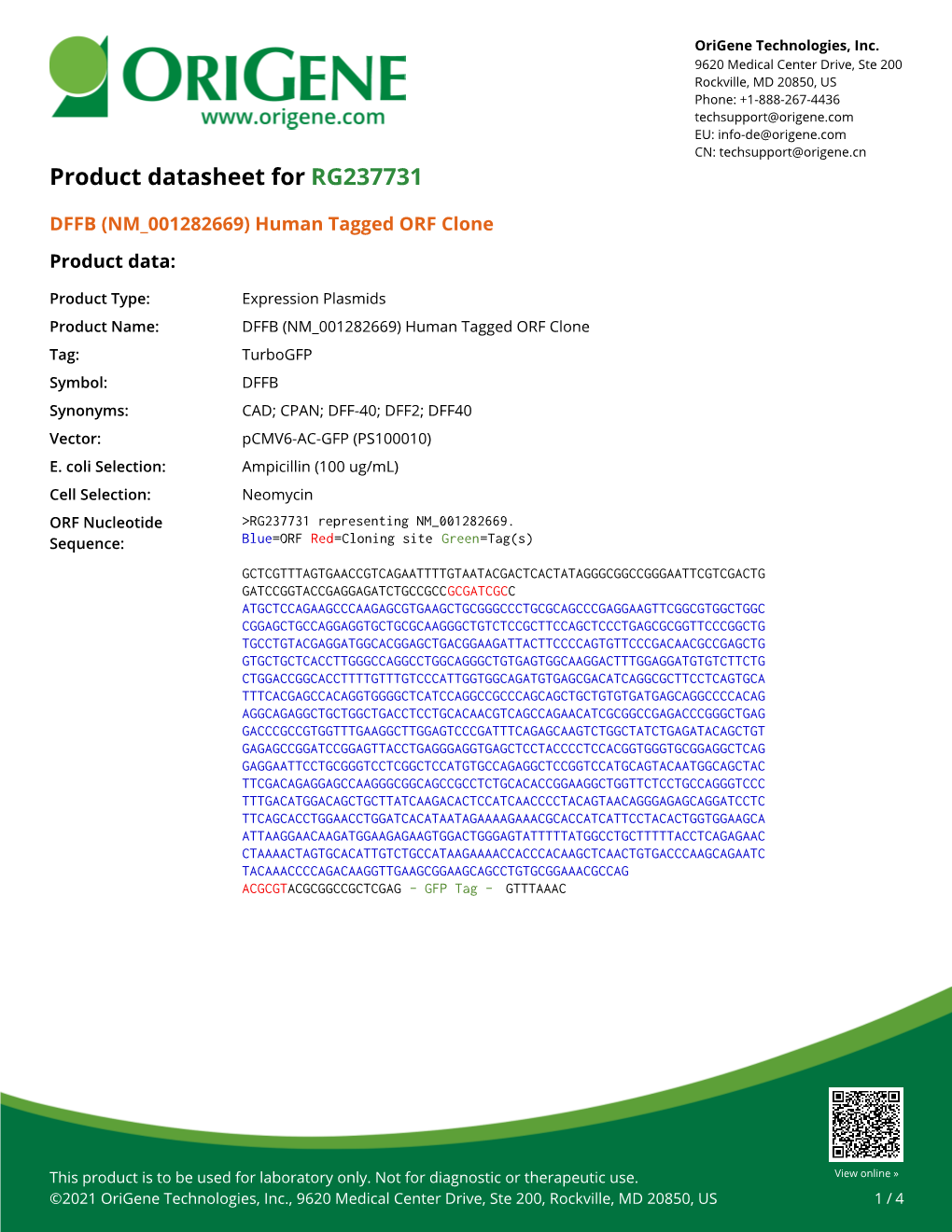 DFFB (NM 001282669) Human Tagged ORF Clone Product Data