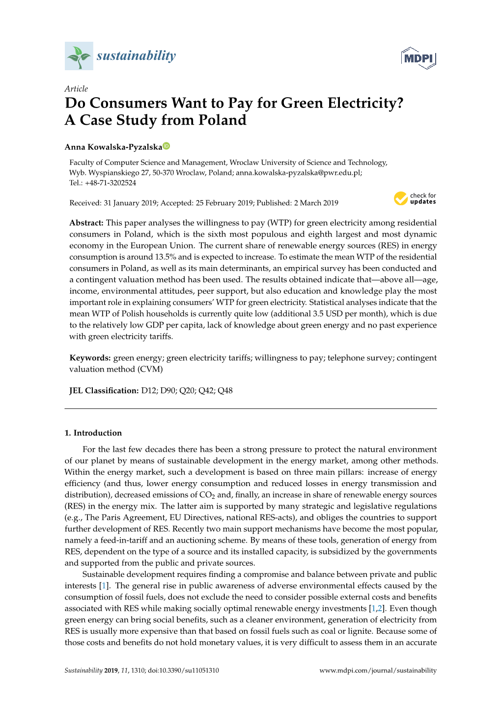 Do Consumers Want to Pay for Green Electricity? a Case Study from Poland
