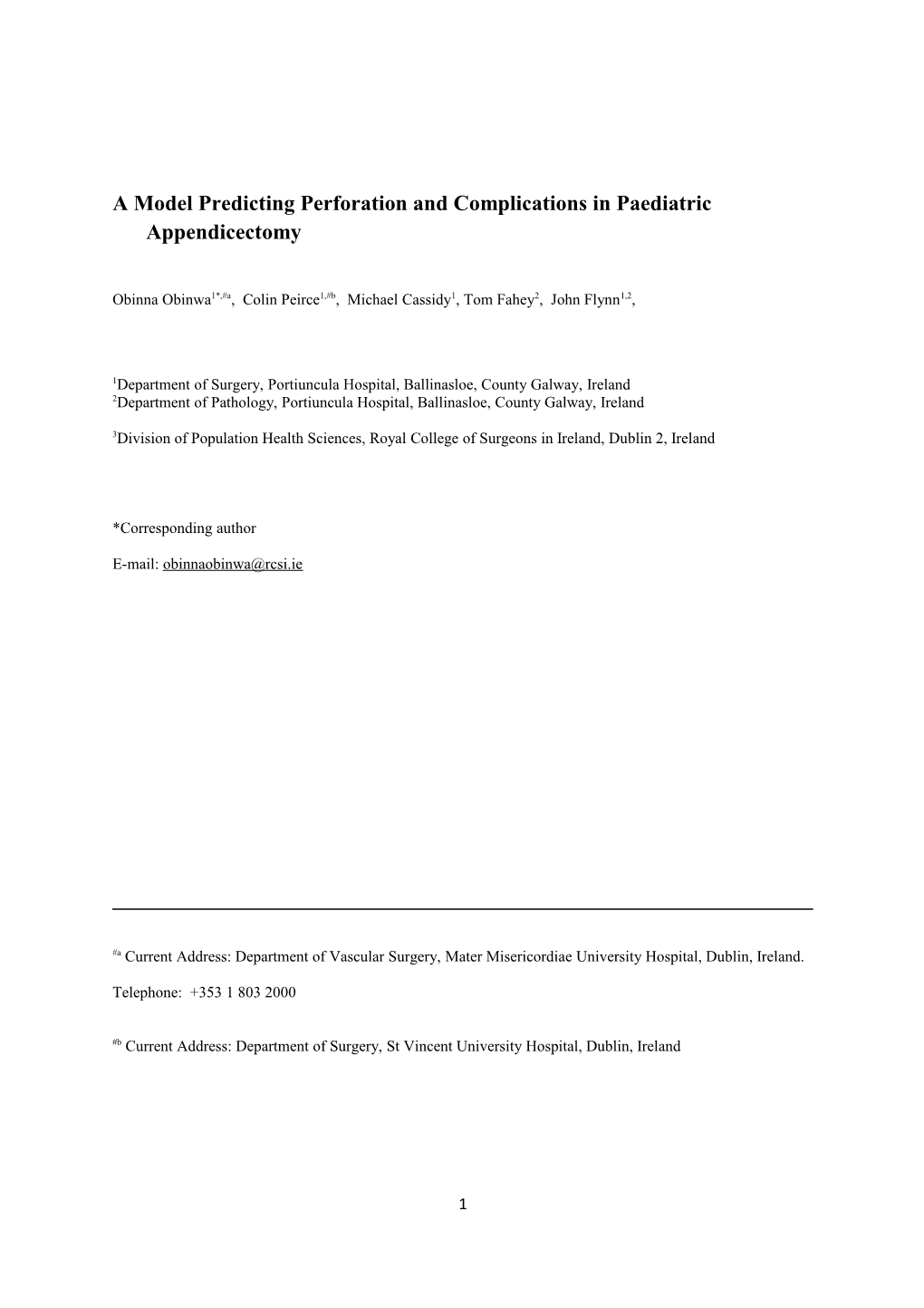 A Model Predicting Perforation and Complications in Paediatric Appendicectomy