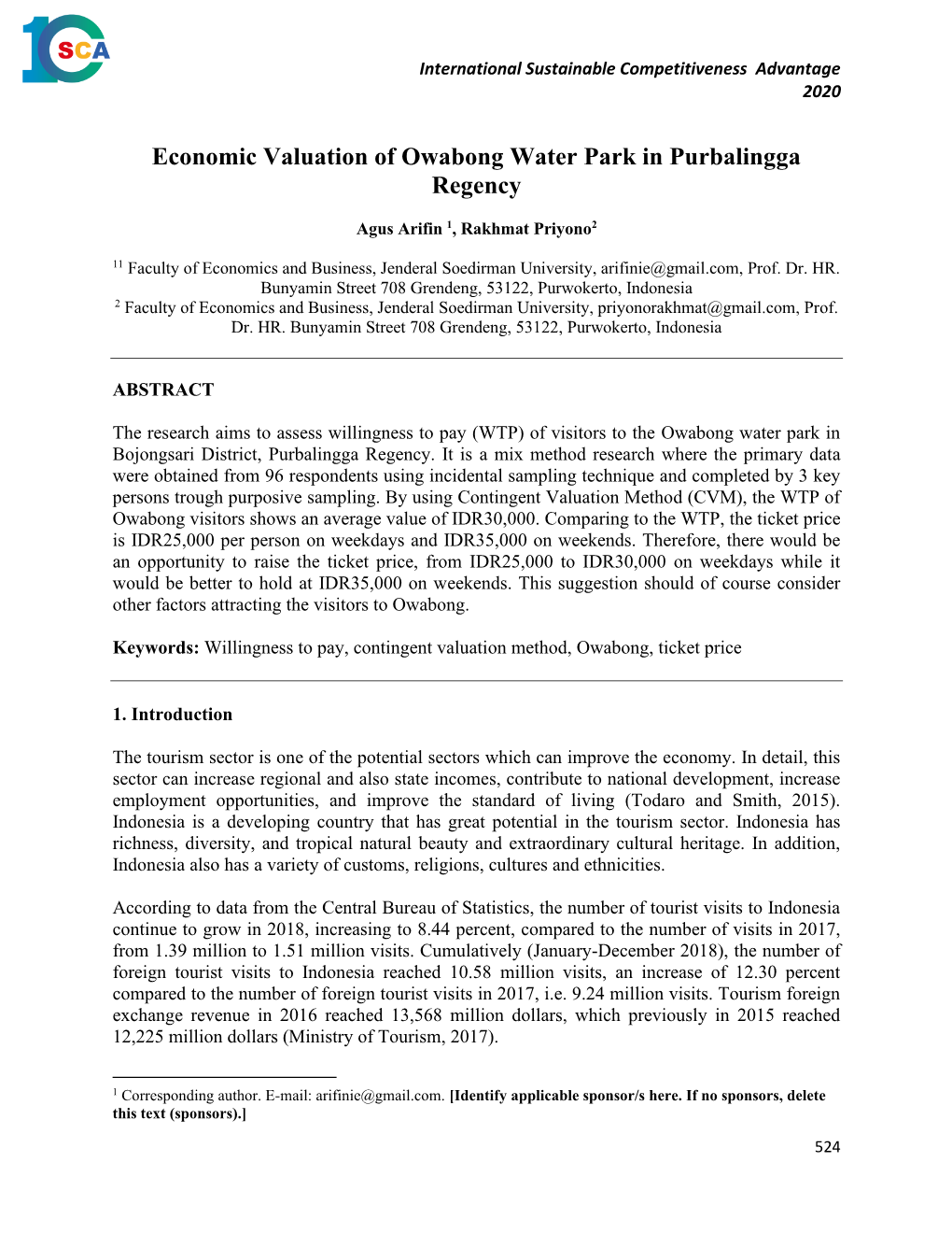 Economic Valuation of Owabong Water Park in Purbalingga Regency