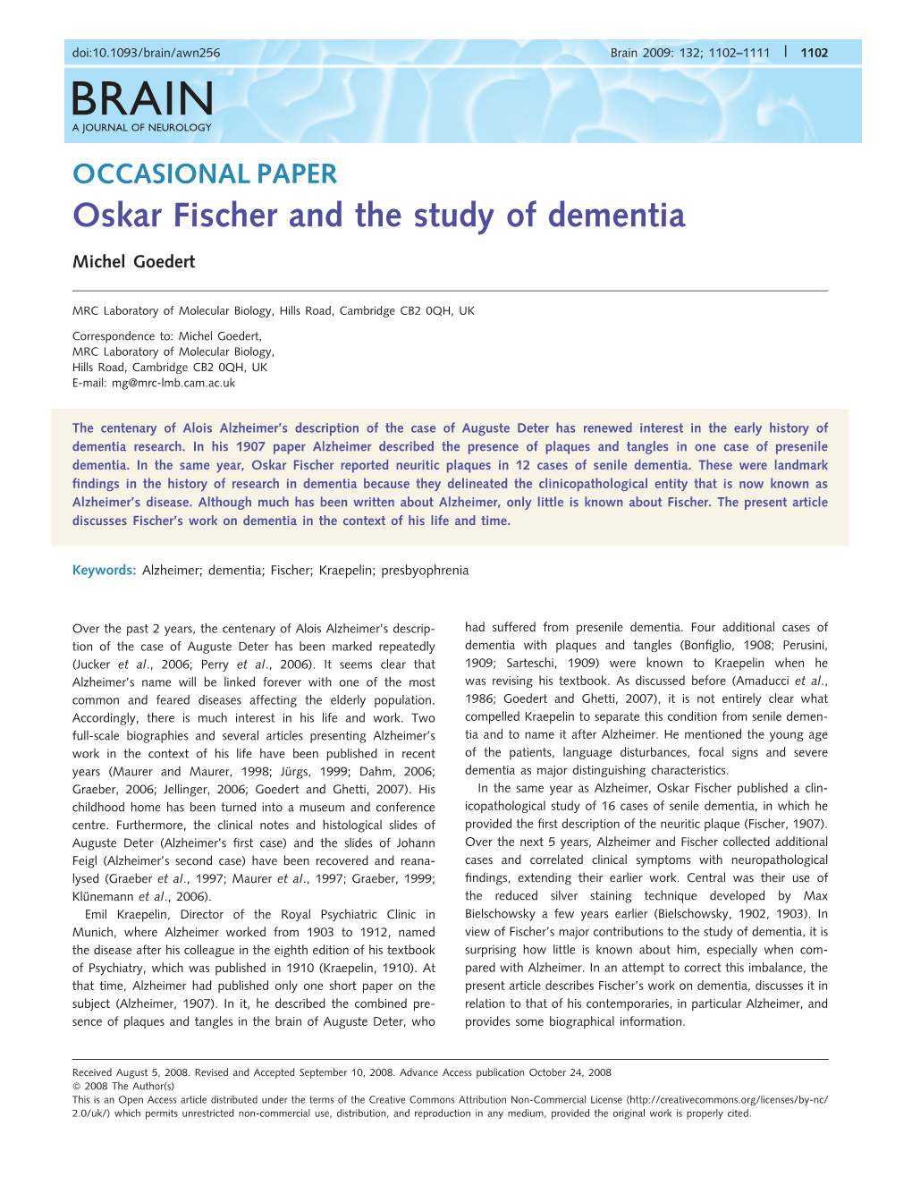 Oskar Fischer and the Study of Dementia