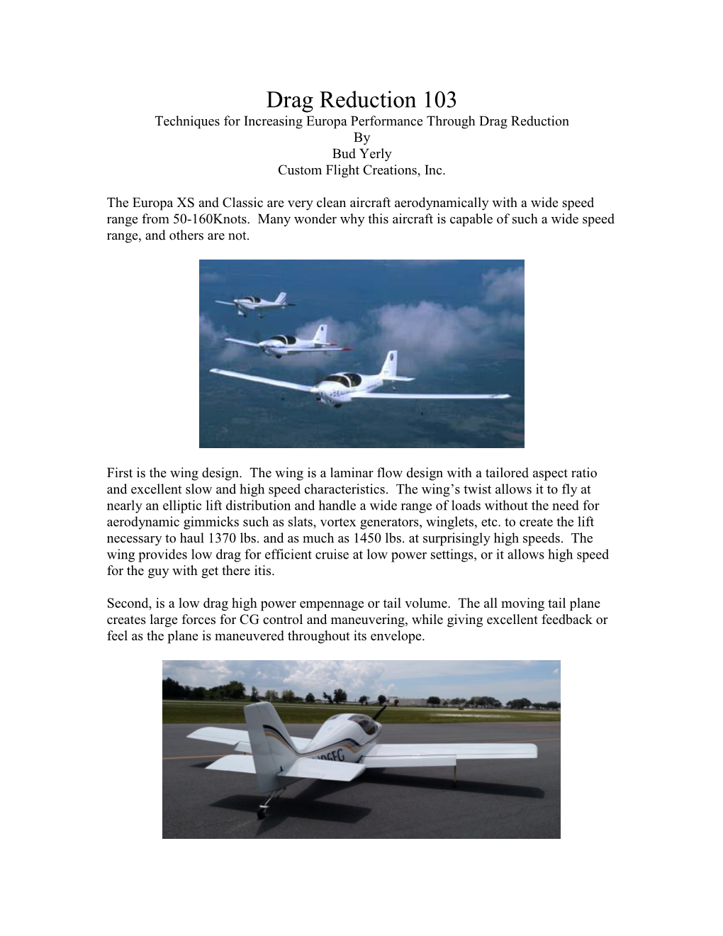 Drag Reduction 103 Techniques for Increasing Europa Performance Through Drag Reduction by Bud Yerly Custom Flight Creations, Inc