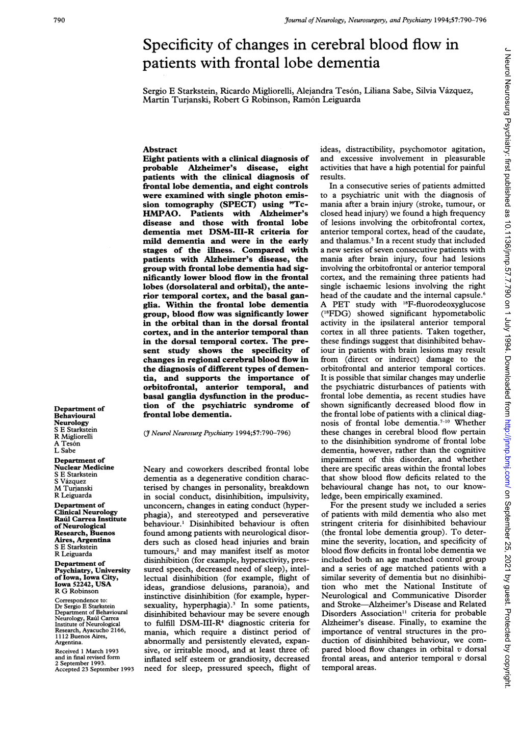 Specificity of Changes in Cerebral Blood Flow in J Neurol Neurosurg Psychiatry: First Published As 10.1136/Jnnp.57.7.790 on 1 July 1994