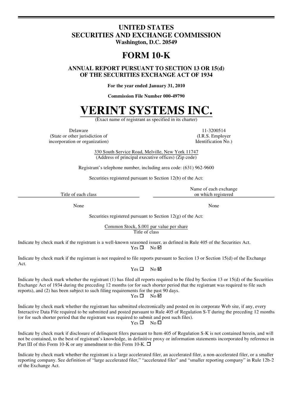 VERINT SYSTEMS INC. (Exact Name of Registrant As Specified in Its Charter)