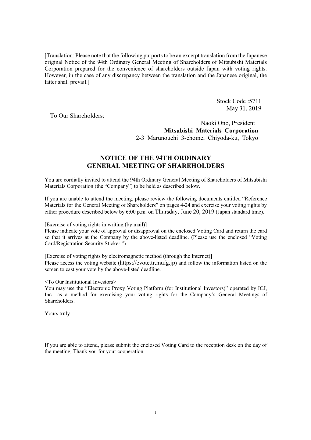 Notice of the 94Th Ordinary General Meeting of Shareholders