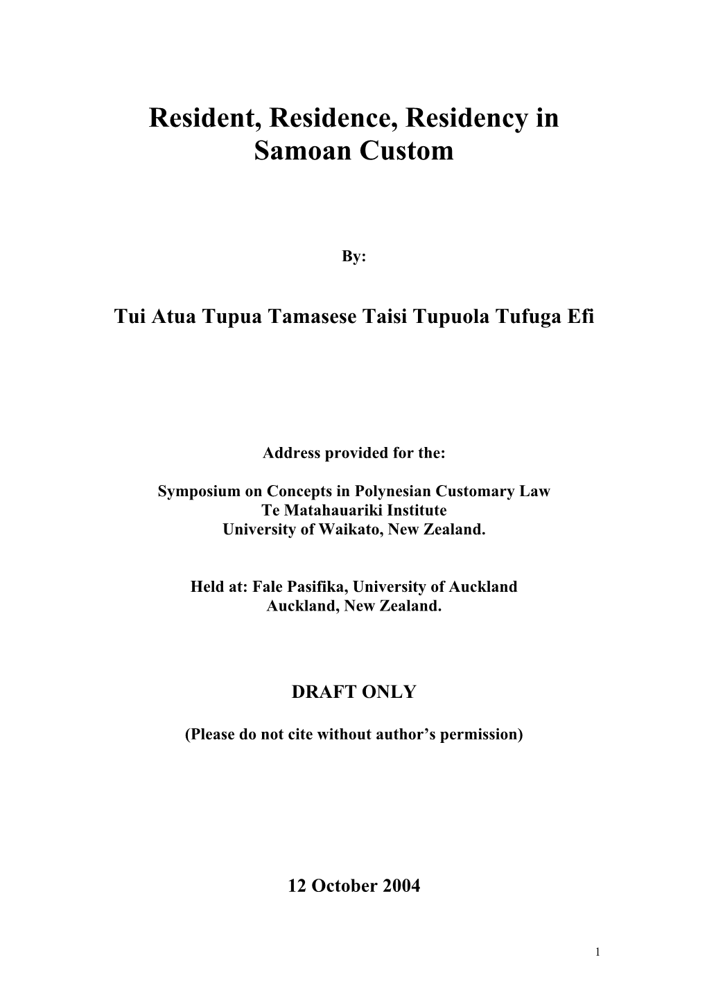 Resident, Residence, Residency in Samoan Customs