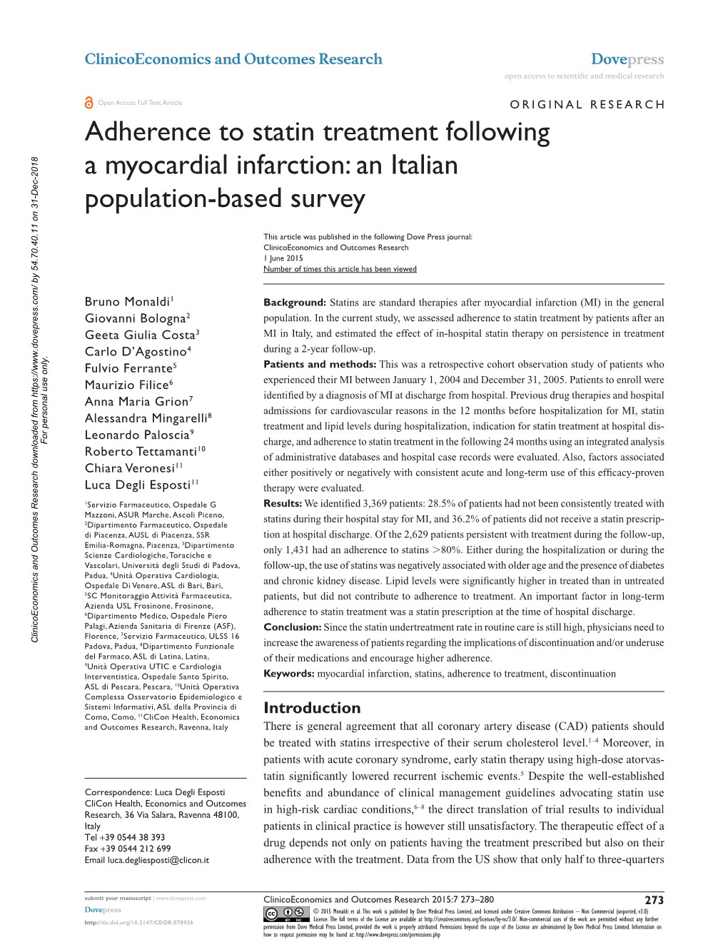 Adherence to Statin Treatment Following a Myocardial Infarction: an Italian Population-Based Survey