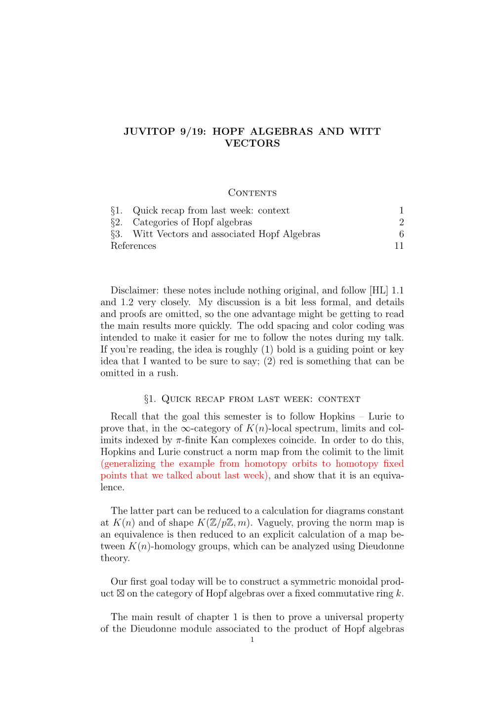 JUVITOP 9/19: HOPF ALGEBRAS and WITT VECTORS Contents §1