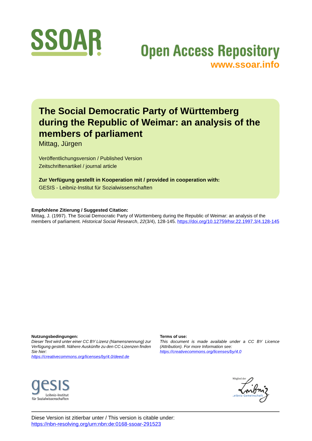 The Social Democratic Party of Württemberg During the Republic of Weimar: an Analysis of the Members of Parliament Mittag, Jürgen