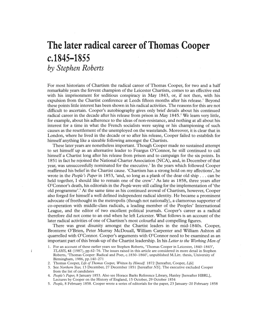 The Later Radical Career of Thomas Cooper C.1845-1855 by Stephen Roberts