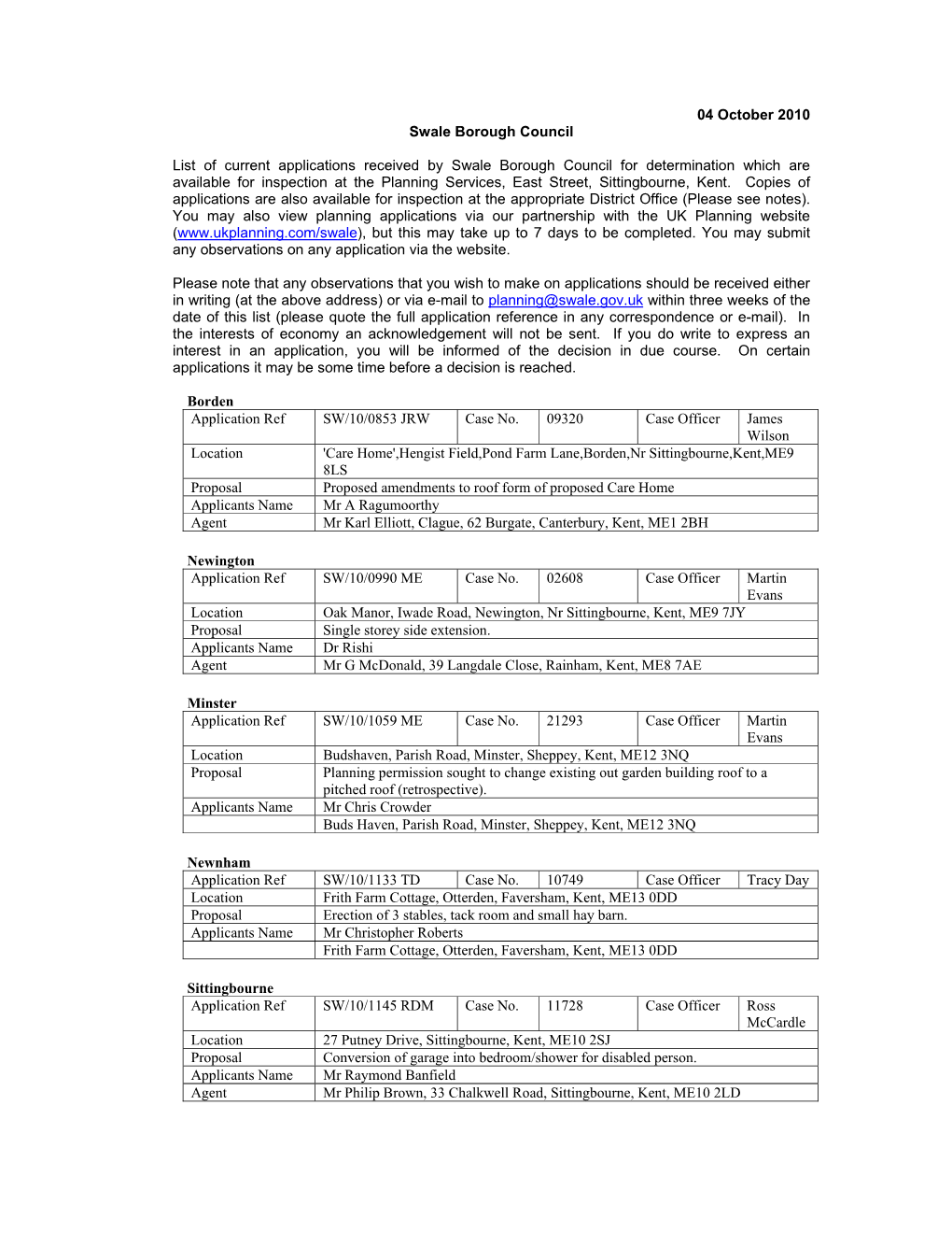 04 October 2010 Swale Borough Council