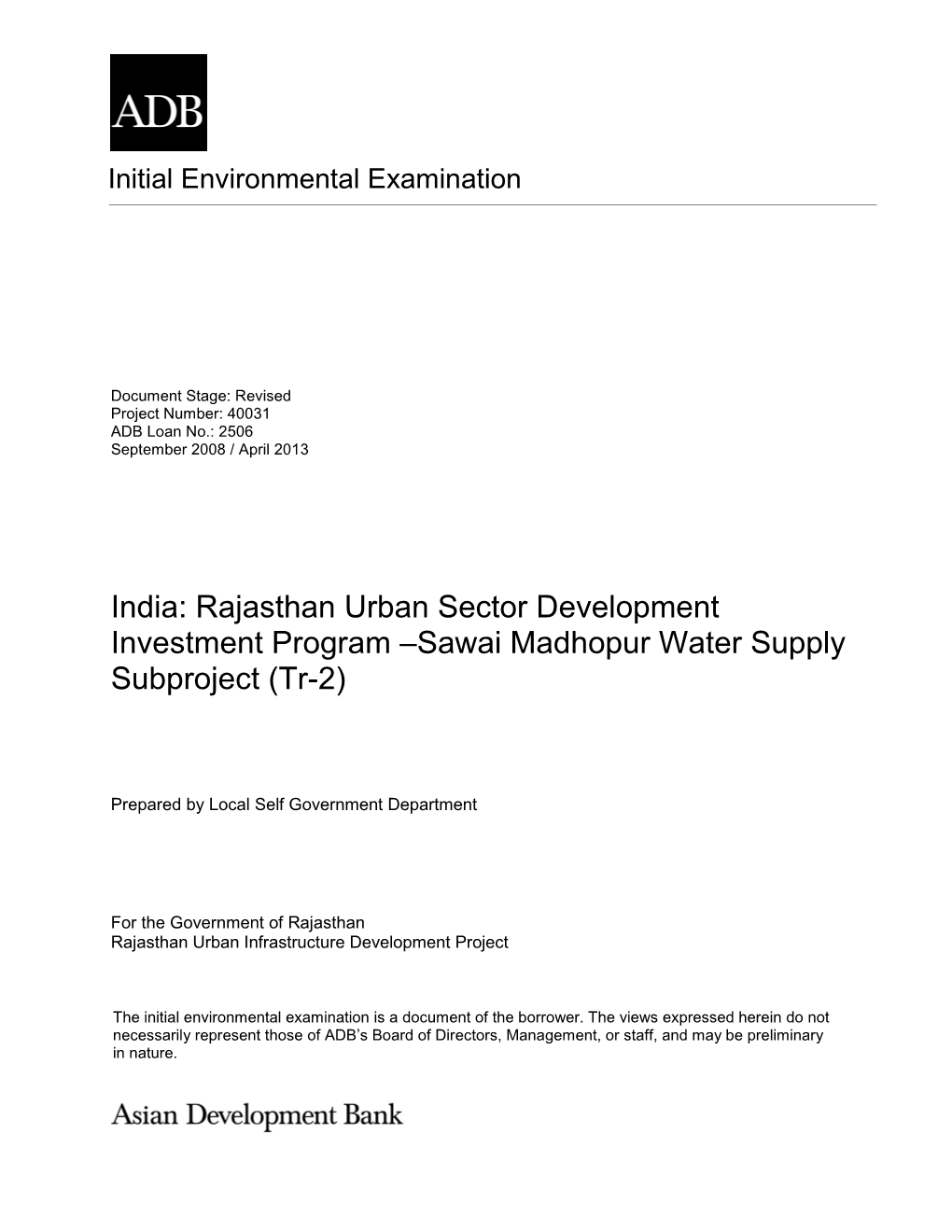 Sawai Madhopur Water Supply Subproject (Tr-2)