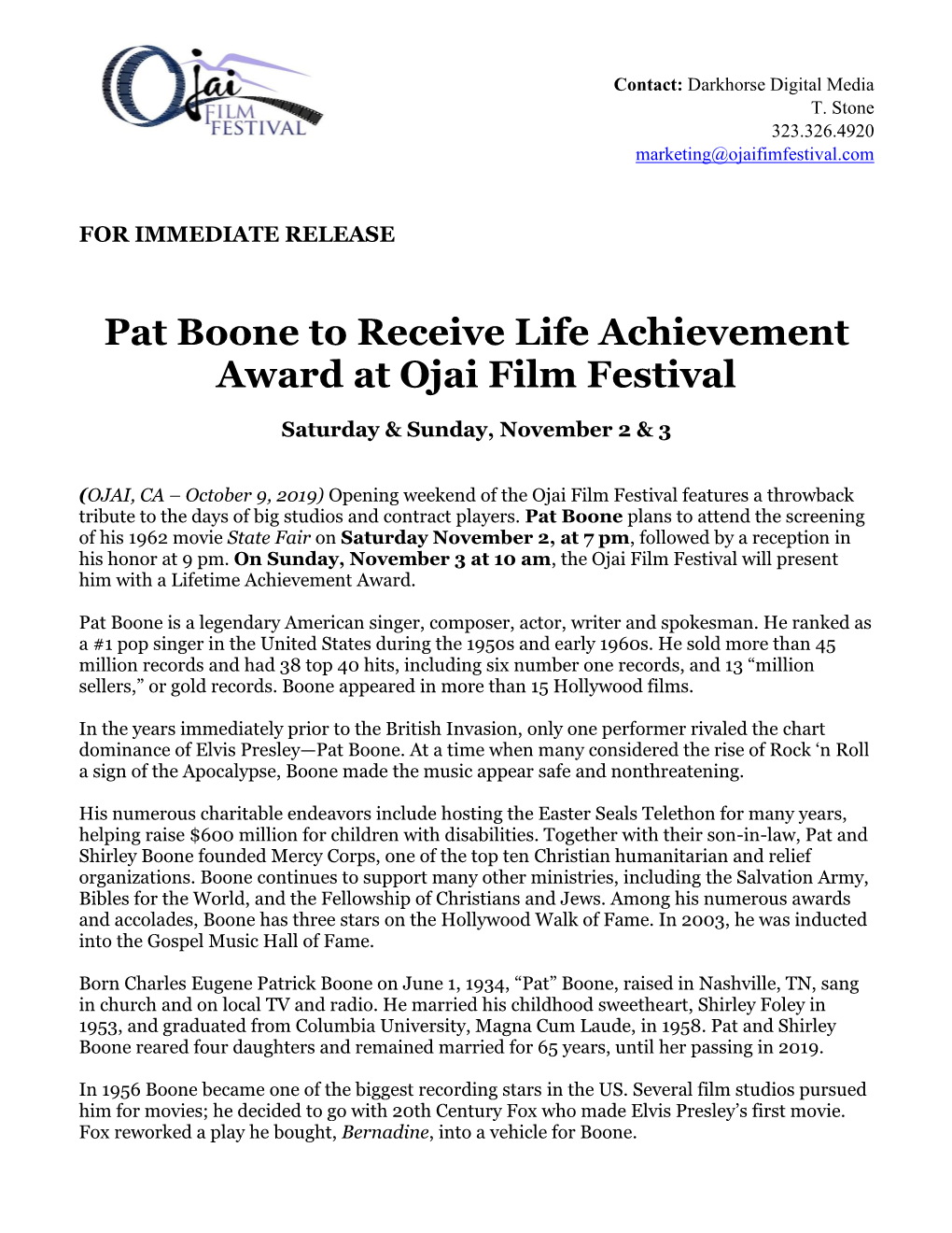 Pat Boone to Receive Life Achievement Award at Ojai Film Festival