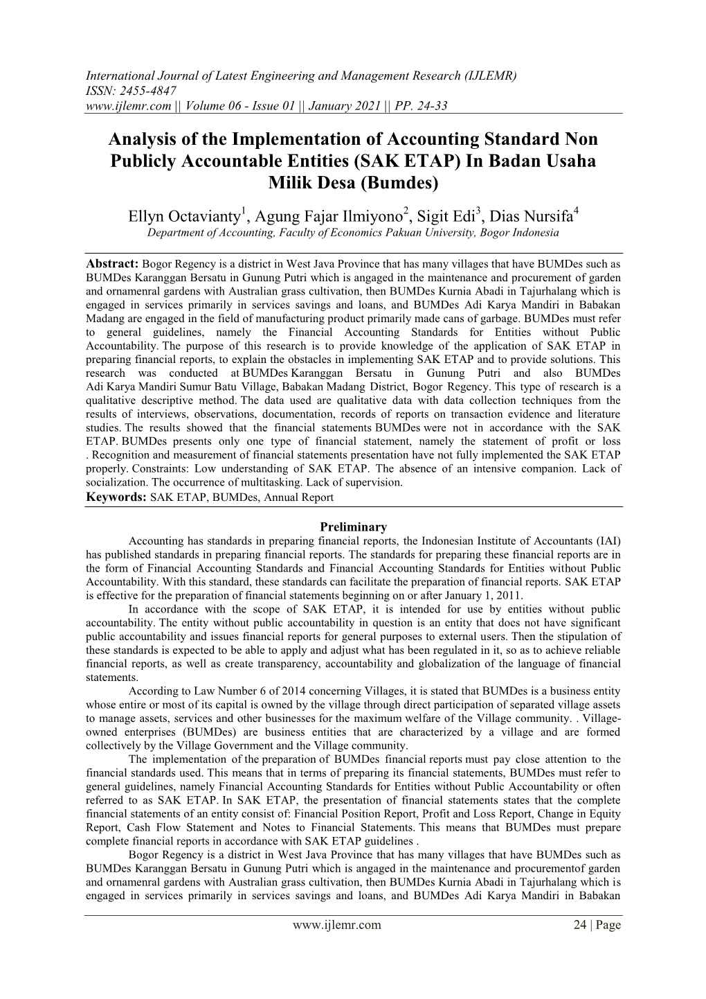 Analysis of the Implementation of Accounting Standard Non Publicly Accountable Entities (SAK ETAP) in Badan Usaha Milik Desa (Bumdes)