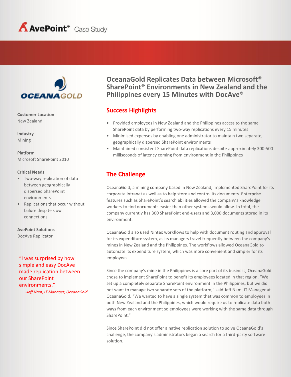 Oceanagold Replicates Data Between Microsoft® Sharepoint® Environments in New Zealand and the Philippines Every 15 Minutes with Docave®