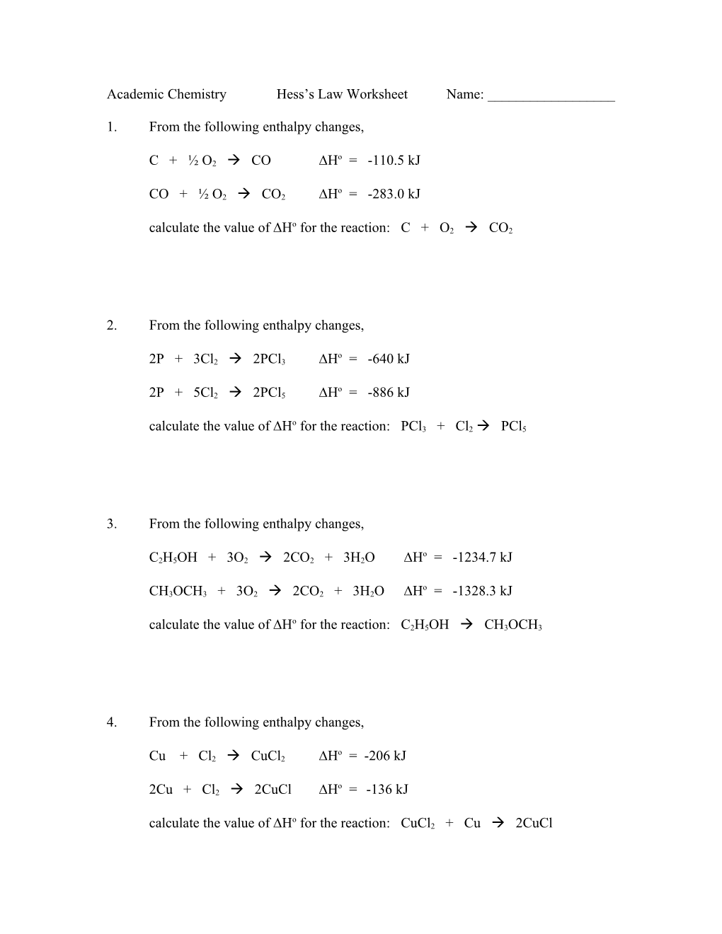 Academic Chemistry Hess S Law Worksheet Name: ______