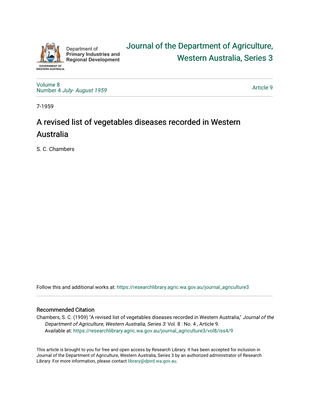 A Revised List of Vegetables Diseases Recorded in Western Australia