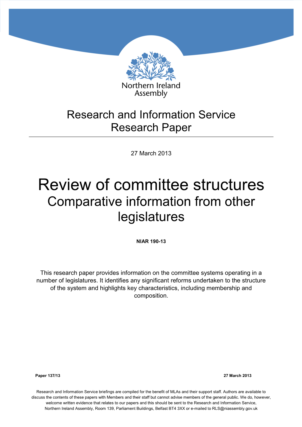 Review of Committee Structures Comparative Information from Other Legislatures