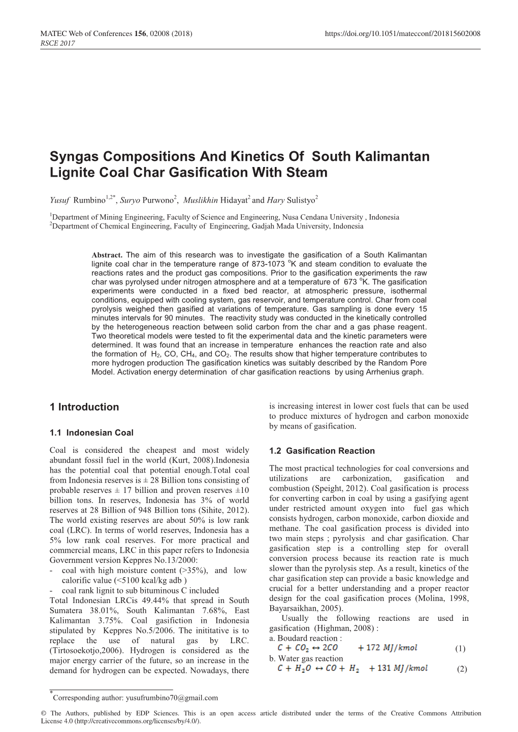 Syngas Compositions and Kinetics of South Kalimantan Lignite Coal Char Gasification with Steam