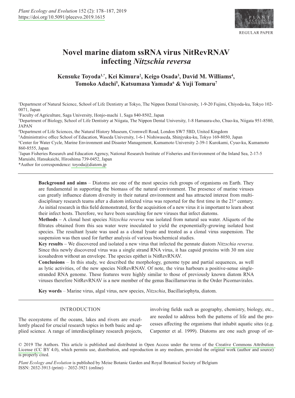 Novel Marine Diatom Ssrna Virus Nitrevrnav Infecting Nitzschia Reversa