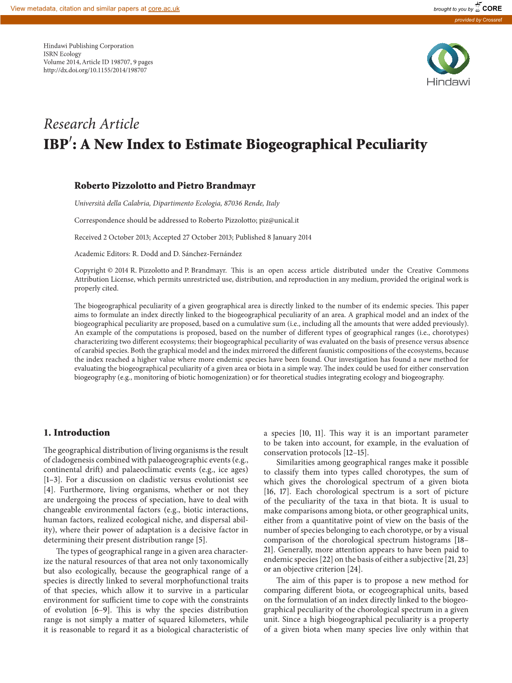 A New Index to Estimate Biogeographical Peculiarity