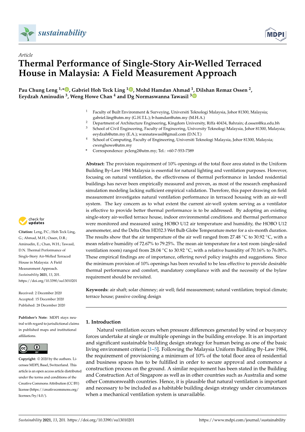 Thermal Performance of Single-Story Air-Welled Terraced House in Malaysia: a Field Measurement Approach