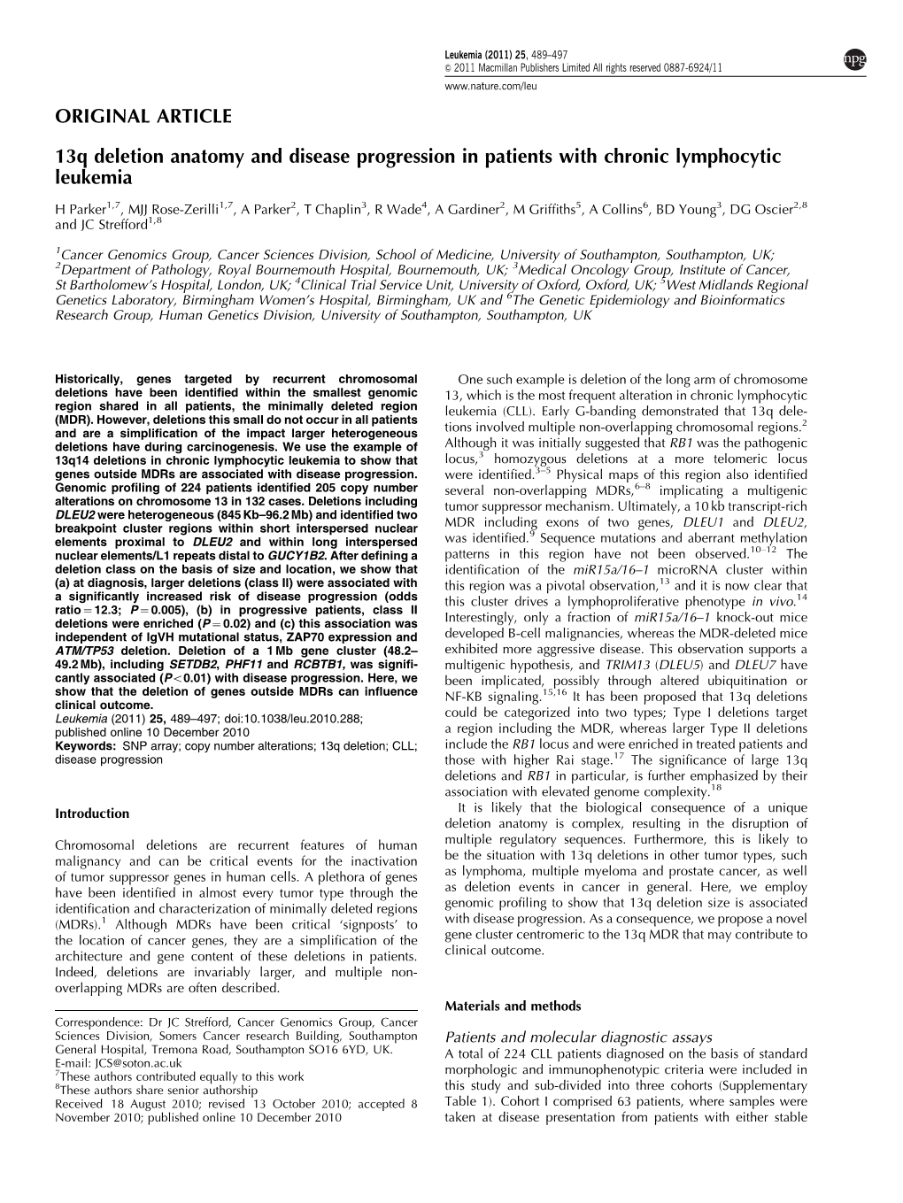 13Q Deletion Anatomy and Disease Progression in Patients with Chronic Lymphocytic Leukemia