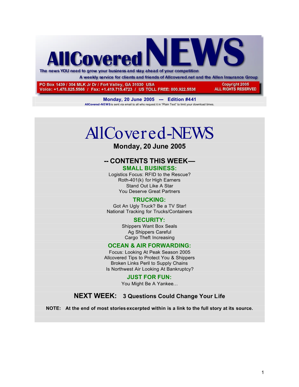 Allcovered-NEWS Is Sent Via Email to All Who Request It in “Plain Text” to Limit Your Download Times