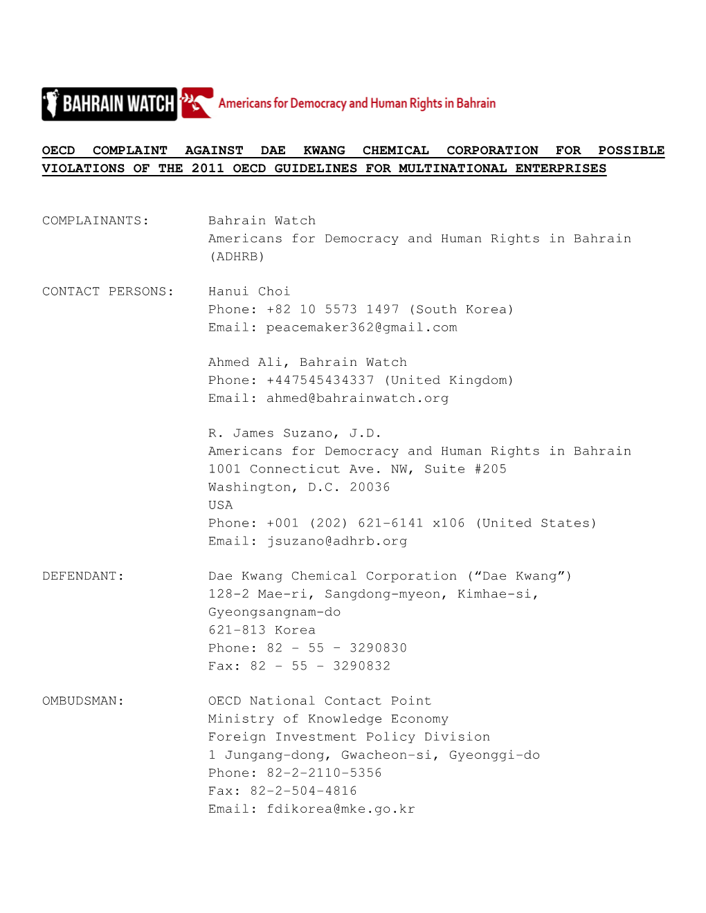 Oecd Complaint Against Dae Kwang Chemical Corporation for Possible Violations of the 2011 Oecd Guidelines for Multinational Enterprises