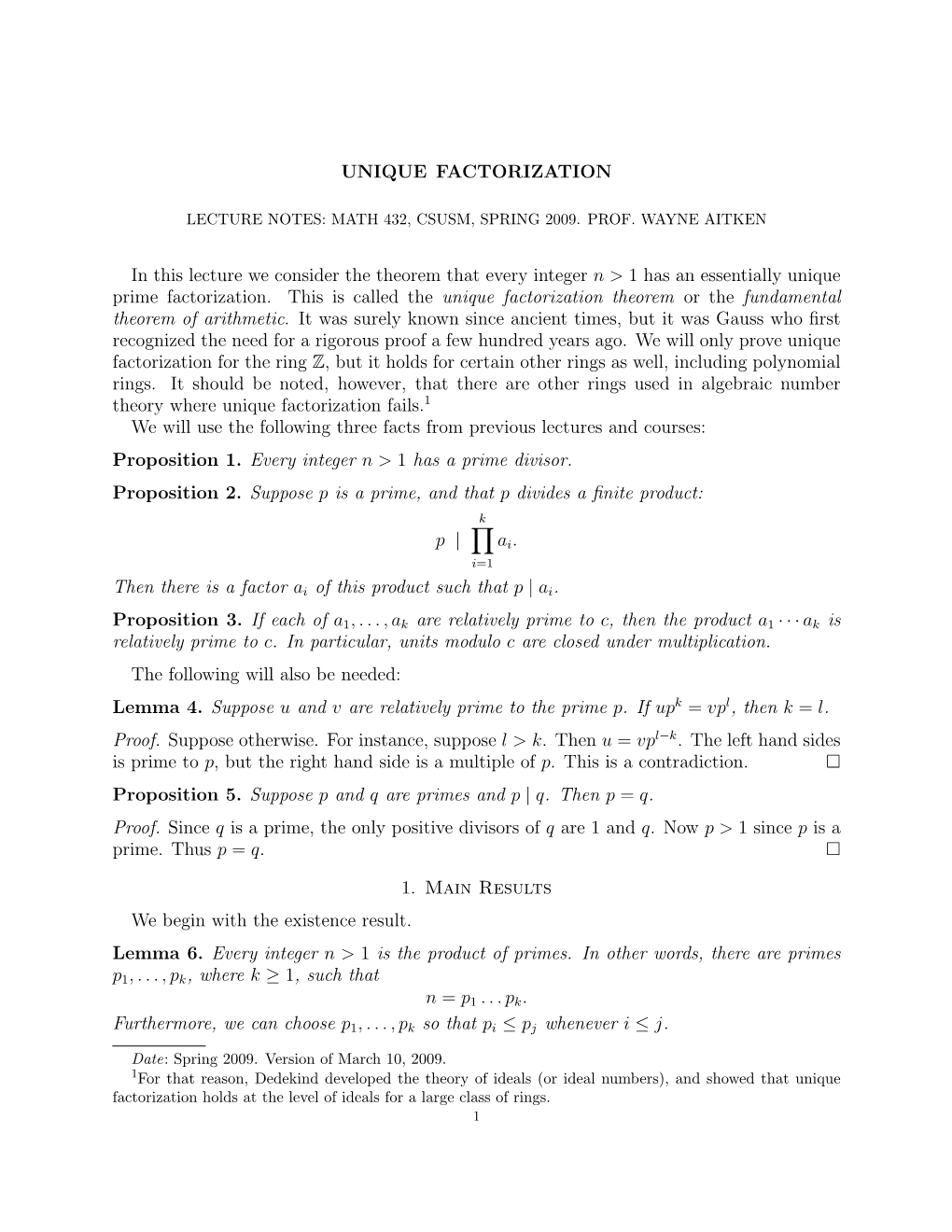 UNIQUE FACTORIZATION in This Lecture We Consider the Theorem