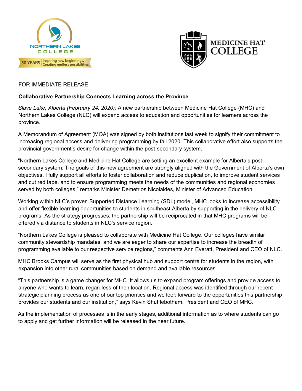 FOR IMMEDIATE RELEASE Collaborative Partnership Connects