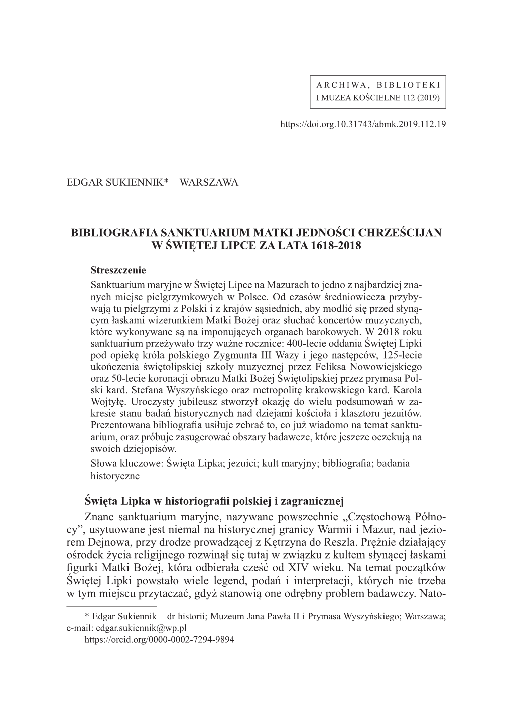 Bibliografia Sanktuarium Matki Jedności Chrześcijan W Świętej Lipce Za Lata 1618-2018