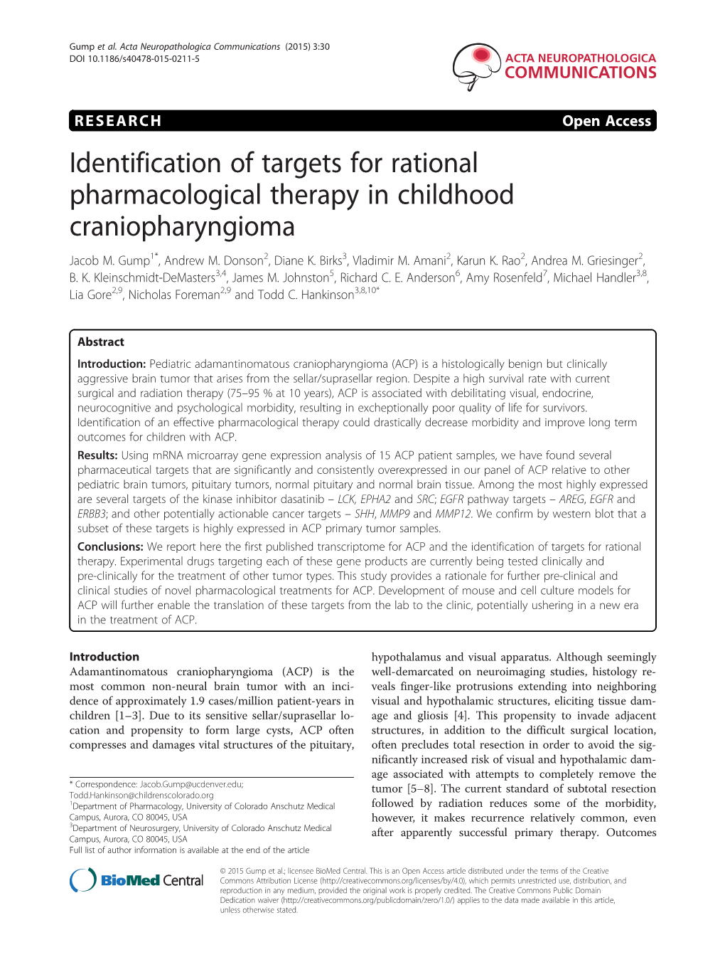 Identification of Targets for Rational Pharmacological Therapy in Childhood Craniopharyngioma Jacob M