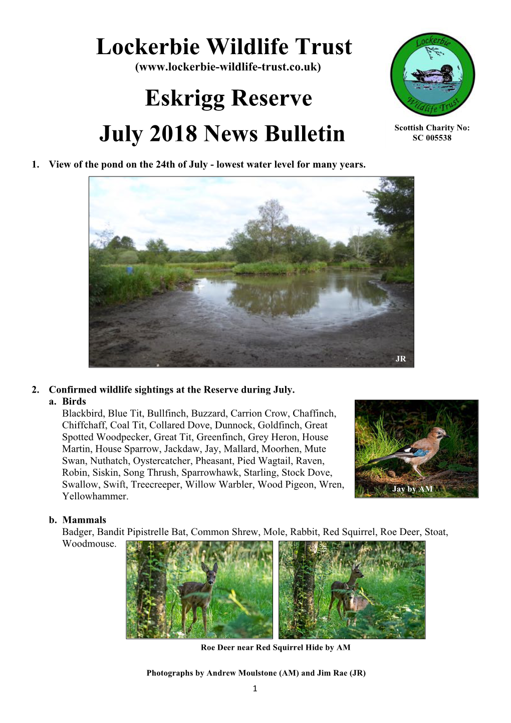 Lockerbie Wildlife Trust Eskrigg Reserve July 2018 News Bulletin