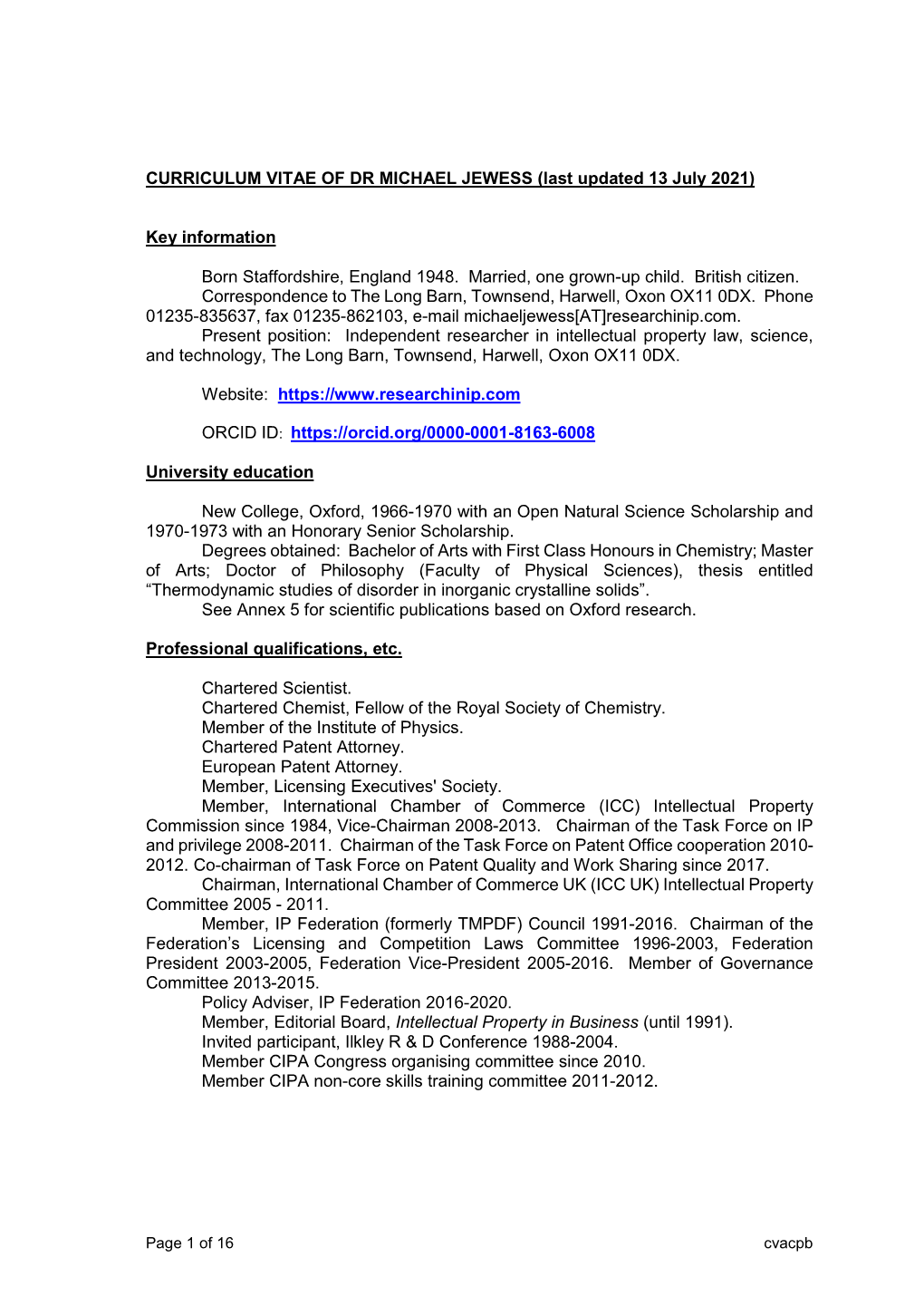 CURRICULUM VITAE of DR MICHAEL JEWESS (Last Updated 13 July 2021)