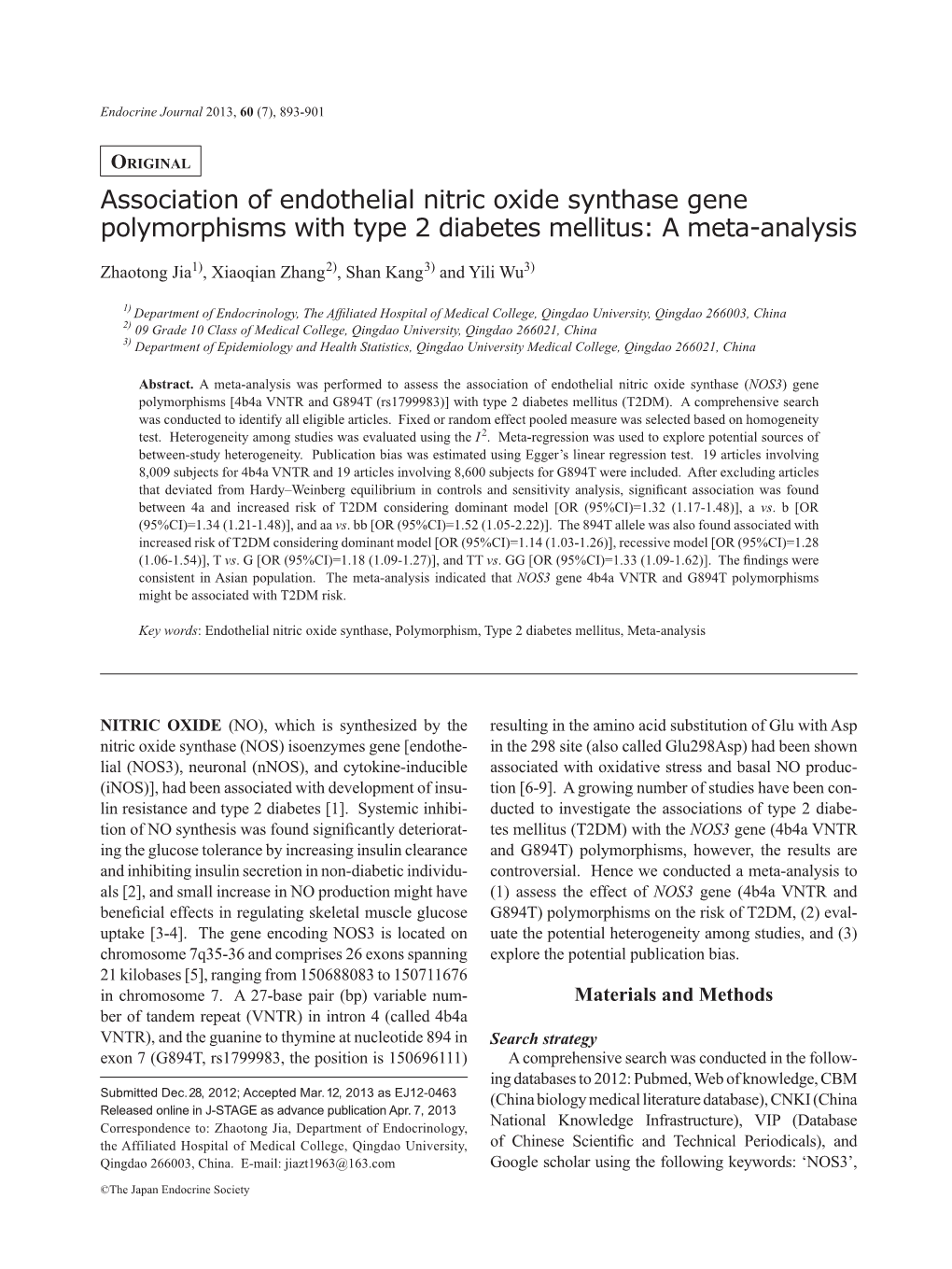 Association of Endothelial Nitric Oxide Synthase Gene Polymorphisms with Type 2 Diabetes Mellitus: a Meta-Analysis