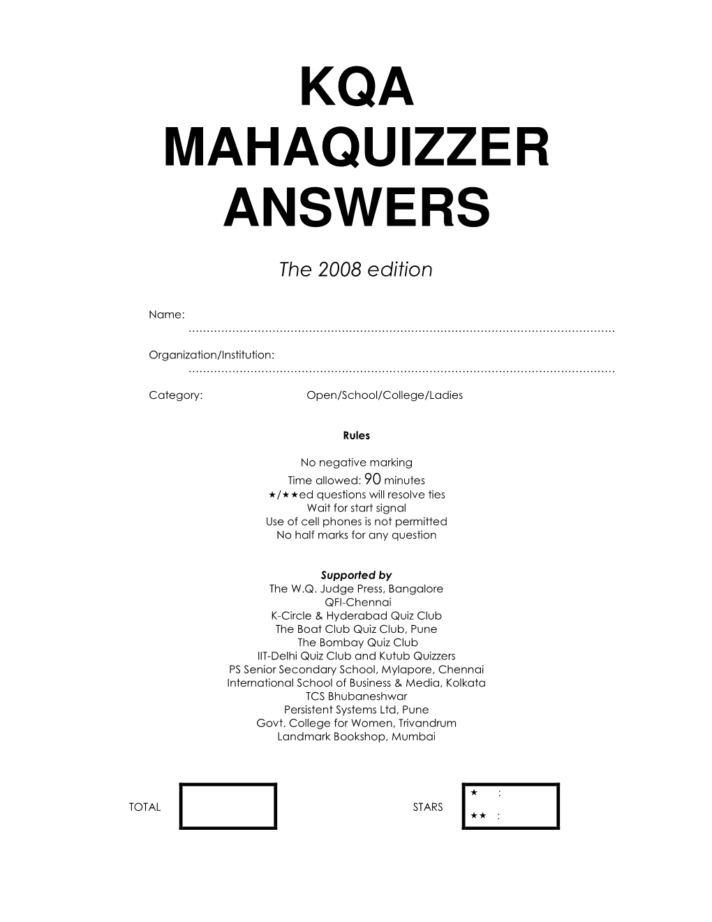 Kqa Mahaquizzer Answers