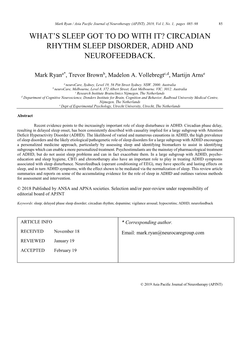 Circadian Rhythm Sleep Disorder, Adhd and Neurofeedback