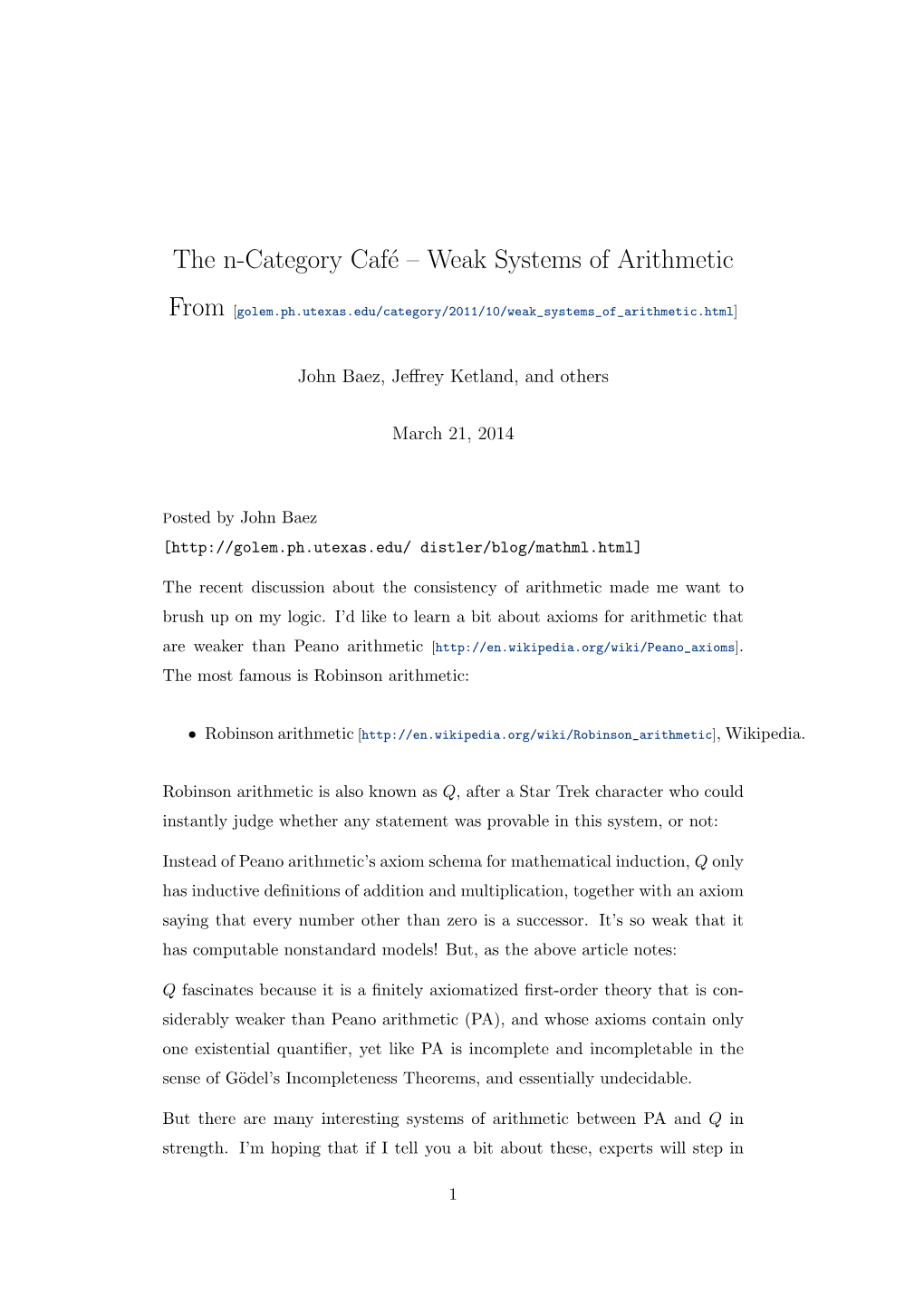 The N-Category Café – Weak Systems of Arithmetic